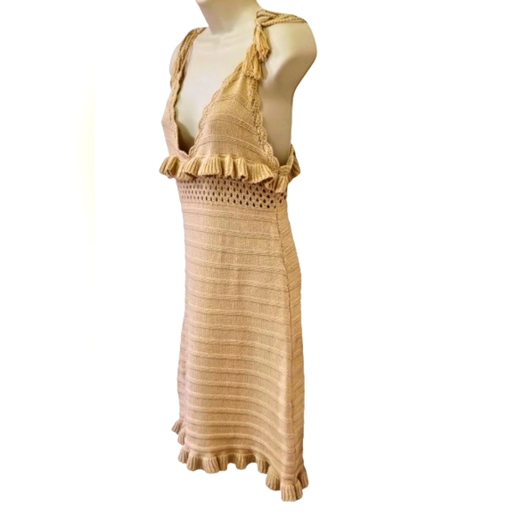 Papermoon Beige Knit V-Neckline Sleeveless Ruffle Boho Mini Dress,Medium - Picture 3 of 16